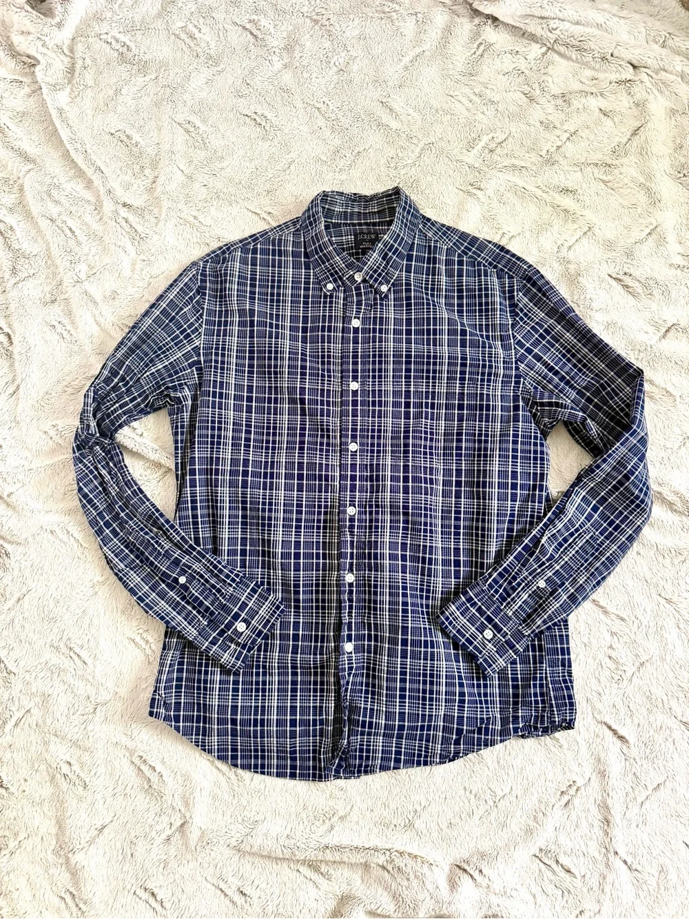 J.Crew Flex Washed Plaid Button Down Shirt Men L Blue White Long Sleeve Regular